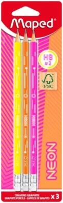 Crayons Graphite HB2 Néon- Crayons à Papier FSC HB Embout Gomme Maped X3 - Photo 1/4