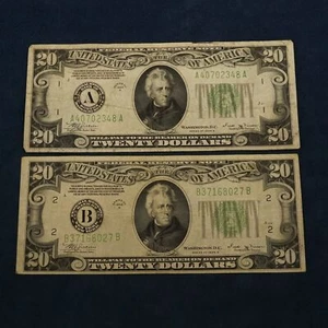 1934 Series $20 Federal Reserve Notes A & B Pair - Free Shipping USA - Picture 1 of 3