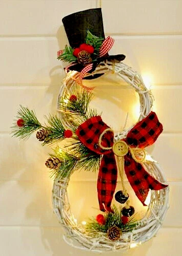 Türdeko Weihnachten Advent Schneemann mit Zylinder Schleife Zweig Lichterkette - Bild 1 von 1