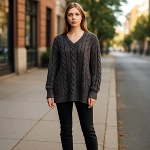 DG2 Cable Knit V Neck Sweater Long Sleeve Pullover Top XL - Picture 1 of 10