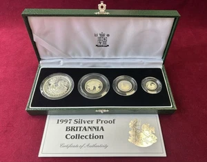 1997 UK Royal Mint Britannia Silver Proof 4x Coin Set 1oz (£2-20p) Boxed & COA - Bild 1 von 8