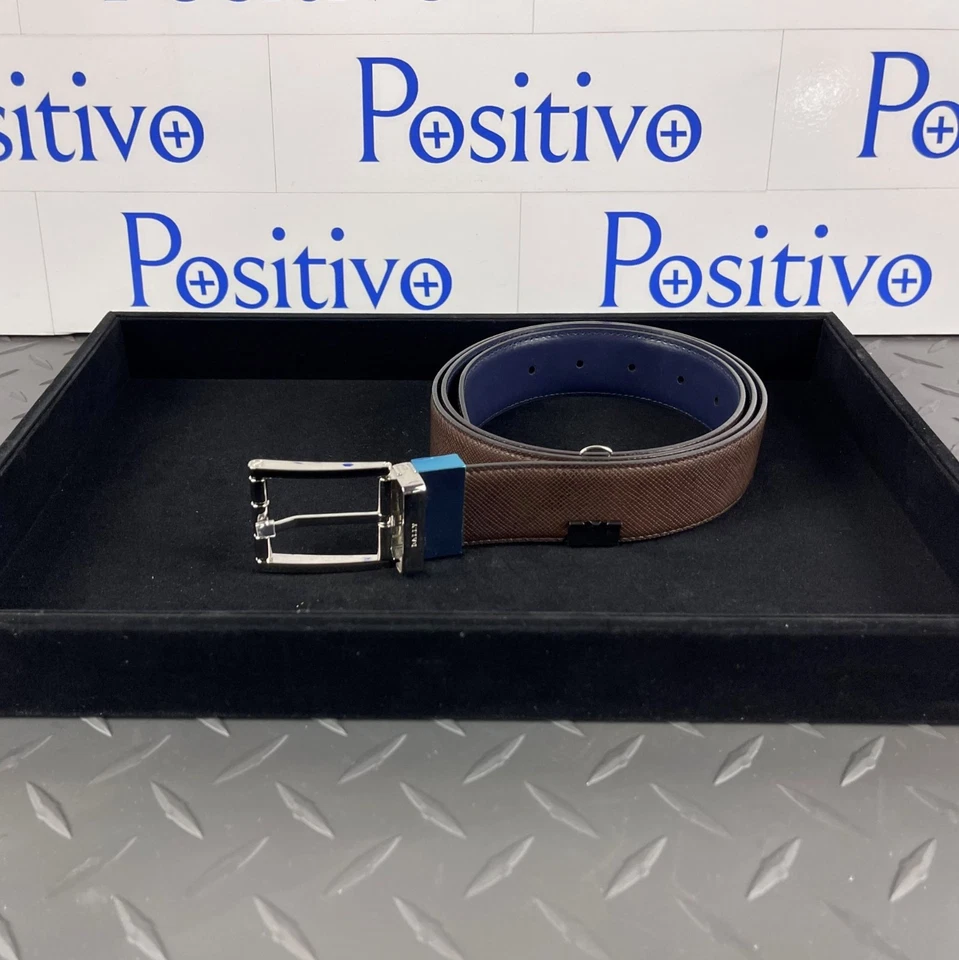 Bally 男式 Astor Mid Brown 皮革可调节/可逆皮带 EU 110 全新 带标签 — 第 1/4 张图片