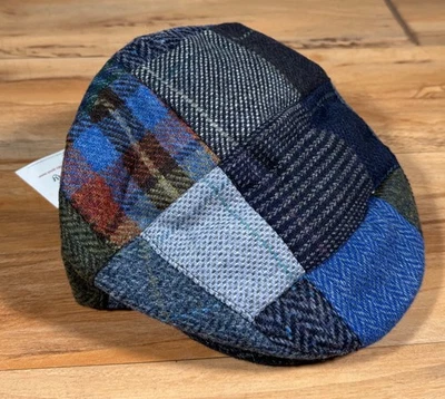 NWT John Hanley Vibrant Blue Gray Patchwork Tweed Newsboy Flat Cap 56 S 6 & 7/8 - Image 1 of 4