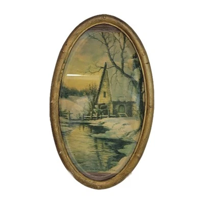 Antiguo marco ovalado de metal Art Deco vidrio biselado "Abajo por el viejo molino arroyo" Foto 1 de 4