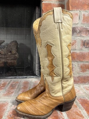 Vintage Nocona L911 Cowboy Eel Skin Boots Two-Toned Beige/Caramel Leather 5.5 B - Image 1 of 4