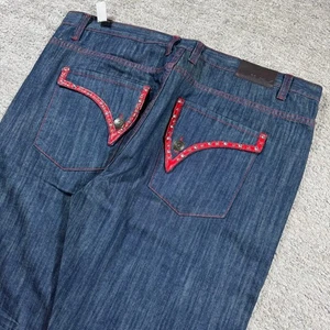 NWT Grunge Punk Baggy Wide Leg Y2K 2000s Embroidered Stitched Skater Denim Jeans - Picture 1 of 7