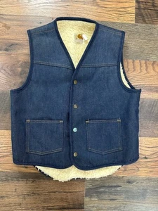 Vintage 80s Carhartt Denim Jeansweste Herren M blau Sherpa gefüttert Workwear USA - Bild 1 von 8