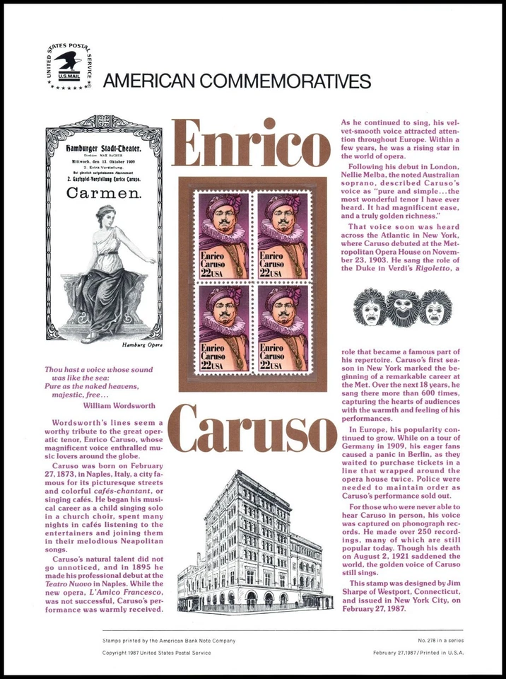 1987 Enrico Caruso singer opera tenor CP278 commemorative panel 278 MNH Sc 2250 - Image 1 of 1