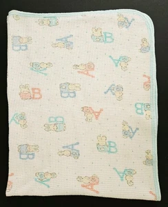 Vtg Carters Waffle Knit Thermal Baby Blanket Cotton ABC's Bunny Aqua Blue Trim - Picture 1 of 7