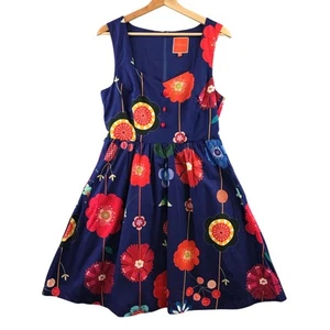 Modcloth Dress Women's M Blue Red Floral Retro A-Line Mod Rockabilly Midi - Picture 1 of 13