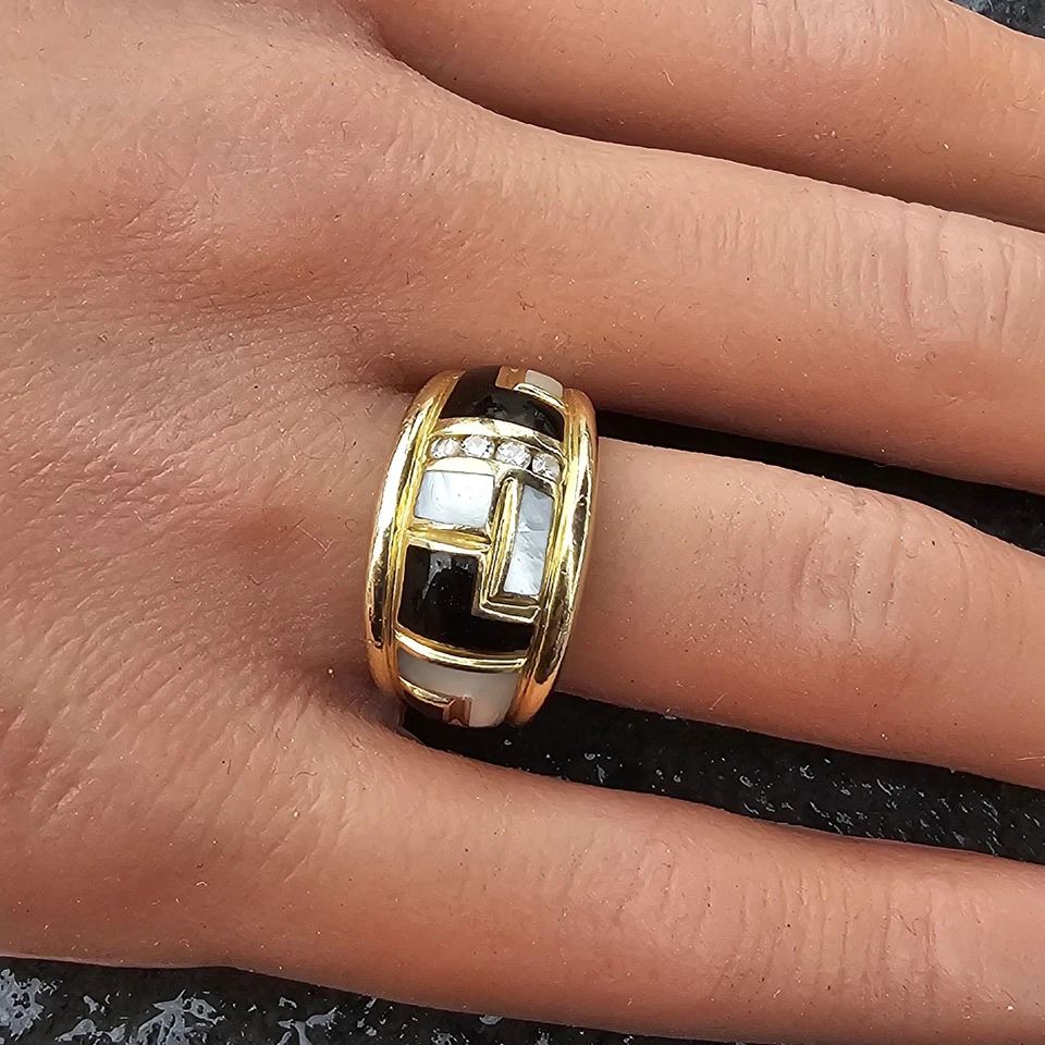 Asch Grossbardt Band Ring Onyx Mother Pearl MOP Diamond 9.7g sz 6.75 - Image 1 of 4