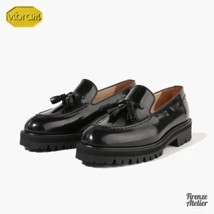 Firenze Atelier Herren SCHWARZ Leder Quaste Halbschuhe Slipper Schuhe Vibram Lug-Sohle - Bild 1 von 19