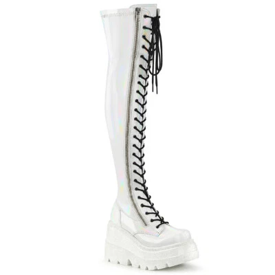 DEMONIA SHAKER-374 Women's 4" Wedge Platform Lace-Up Thigh-High Outside Zip Boot - Image 1 of 4