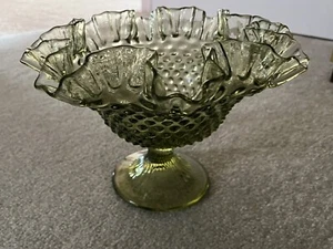 Vintage Fenton Green Hobnail Bowl Compote Ruffled Crimped Edge Large 6 ¾ Tall - Picture 1 of 7