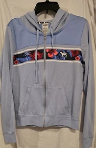 Victorias Secret Pink Tropical Floral Logo Baby Blue Full Zip Hoodie Medium - Picture 1 of 6