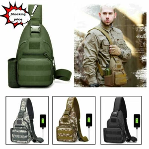 Tactical Sling Backpack USB Chest Bag Shoulder Cross Body Outdoor Hiking Travel - Picture 1 of 19