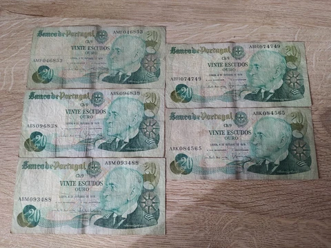 Portugal lot 5 banknotes 20 escudos 1978 Cover