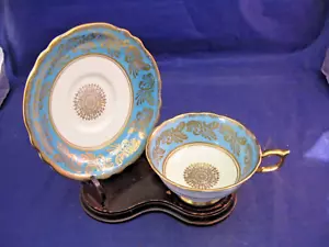 PARAGON DOUBLE WARRANT TEA CUP & SAUCER - VINTAGE - AQUA AND GOLD - BEAUTIFUL! - Picture 1 of 8