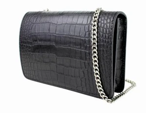Ivan Troy Women Julia Black Leather Italian Crocodile Embossed Flap Shoulder Bag - Picture 1 of 7