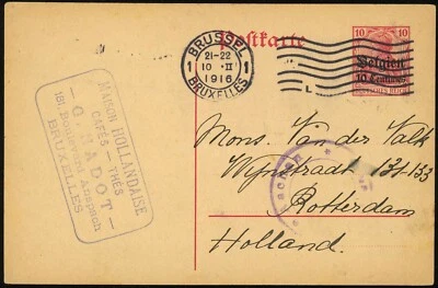Bélgica Bruselas Primera Guerra Mundial Ocupación Alemana 1916 Papelería Tarjeta Censor Matasellos Foto 1 de 2