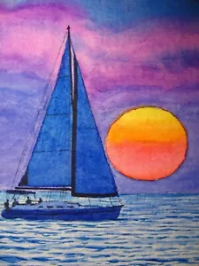 Quadro Acquerello Oceano Tramonto Barca a Vela Paesaggio Marino Natura ACEO Art n.57 - Foto 1 di 2