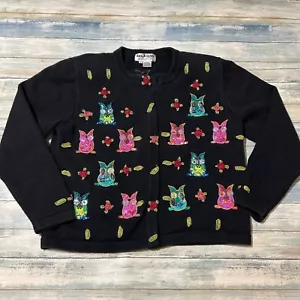 Jack B. Quick Beaded Owl Halloween Cardigan Sweater Large Black Embellished Bird - Picture 1 of 9