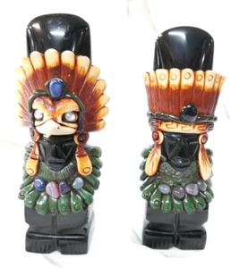 Pair of Real Black Stone Onyx Polynesian? Aztec?  Book Ends King with Headdress - Picture 1 of 7