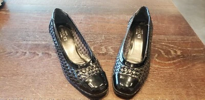 Mint Sesto Meucci Myette Black Mesh Patent Leather Rope Wedge Heel Size 7M Italy - Image 1 of 4