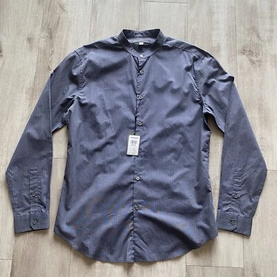 Camisa John Varvatos Cuello Bandado Manga Larga Abotonada Gris Rayas Para Hombres Talla S Foto 1 de 4