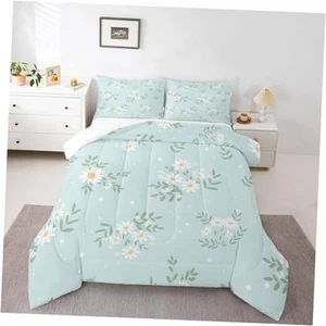 White Daisy Comforter Set Size, Green Leaves Quilt Set with 1 Twin Multi 06 - Picture 1 of 7