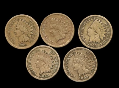 1859, 1860, 1860,  1862, 1863 & 1864  Indian Head Cents (5 Dates) - Image 1 of 2