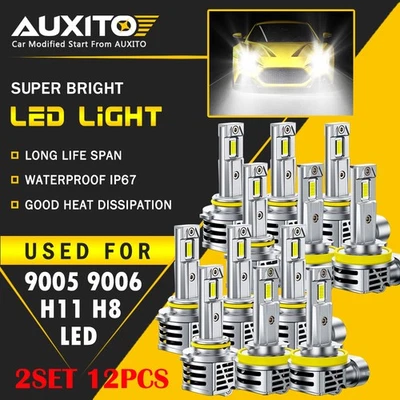 12X AUXITO 9005 9006 H11 LED Headlight Kit High Low Beam White 90000LM CANBUS M6 - Image 1 of 4