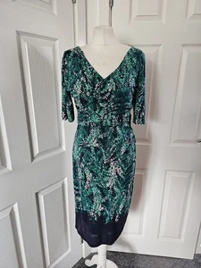 Boden Jersey Dress Green Navy Spotty Midi Ruched Detail Size 12 - Picture 1 of 11