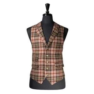 Mens 42R Wool Vest Brown Orange Teal Tartan Plaid Waistcoat Formal Wedding Party - Picture 1 of 10