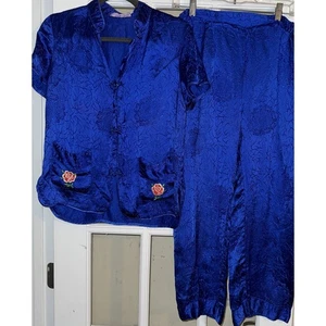 Vintage Damen Pyjama Set Made in Korea Asiatisch Blau Yung Rose Knöpfe - Bild 1 von 14