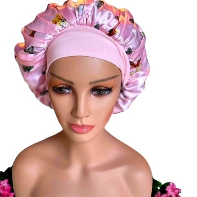 Gorro para dormir satinado rosa mariposa banda ancha ajustable envoltura para el cabello Foto 1 de 4
