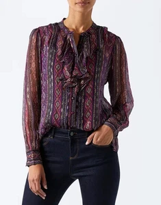 Monsoon Nova Ruffle Blouse Size 8 Purple Geometric Aztec Long Sleeve Shirt - Picture 1 of 17