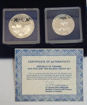 Panama Canal Treaty 1979 Panama 5 and 10 Balboas Ag Proof set - Image 1 of 3