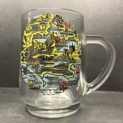 Vintage Dorset Illustrated Map Half Pint Clear Glass Tankard/Mug Made in France - Image 1 of 4