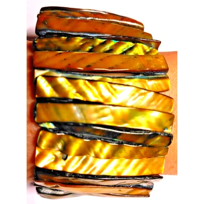Vtg Mother Of Pearl Abalone Shell Stretch Cuff Bracelet Gold Brown Tones 1.5" W - Image 1 of 4