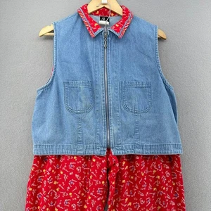 VTG Ali Miles Petites Vest Pants Set Red Floral Denim Vest SZ MP USA 1990s 90s - Picture 1 of 13