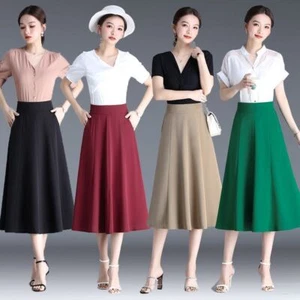Women Office Work Skirt A-Line Midi Elastic Waist with Pockets Size 2-14 New - Picture 1 of 80