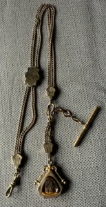 Antique GOLD FILLED POCKET WATCH SLIDE FOB CHAIN 15" Intaglio Carnelian & Agate - Picture 1 of 11