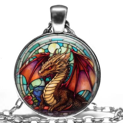 Faux Stained Glass Dragon Pendant Necklace Fantasy Dragon Lover Gift - Image 1 of 4