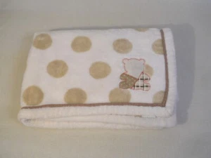 Baby blanket Carters soft white with brown circles dots appliqued teddy bear - Picture 1 of 4