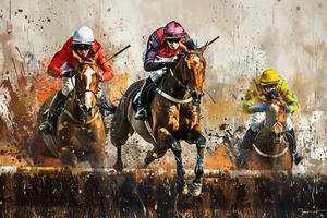 Horse Racing Colourful Canvas Picture Print Wall Art - Picture 1 of 4