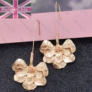 Floral Drop Zara Style DROP EARRINGS Leaf Flower 7cm Long Lilies VINTAGE GOLD
