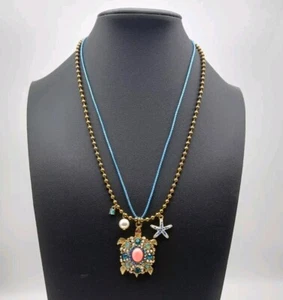 Betsey Johnson Signed Necklace Rhinestone Turtle 2-strand Cord & Chain Starfish - Picture 1 of 12