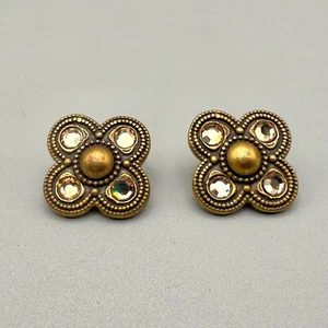 Chicos Earrings Womens Antiqued Gold Tone Beaded Champagne Crystal Studs 1 Inch - Picture 1 of 12