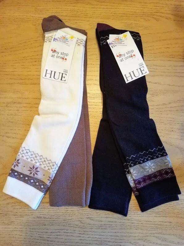 2 packs of HUE Women's 2 pack Blocked Fair Isle Knee Socks Black and Ivory/Brown - Image 1 of 1